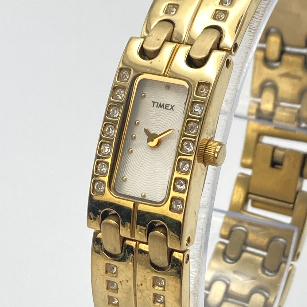 Timex Women's Tank Watch 17mm Gold Tone Crystals Petite New Battery 6.25" 2007